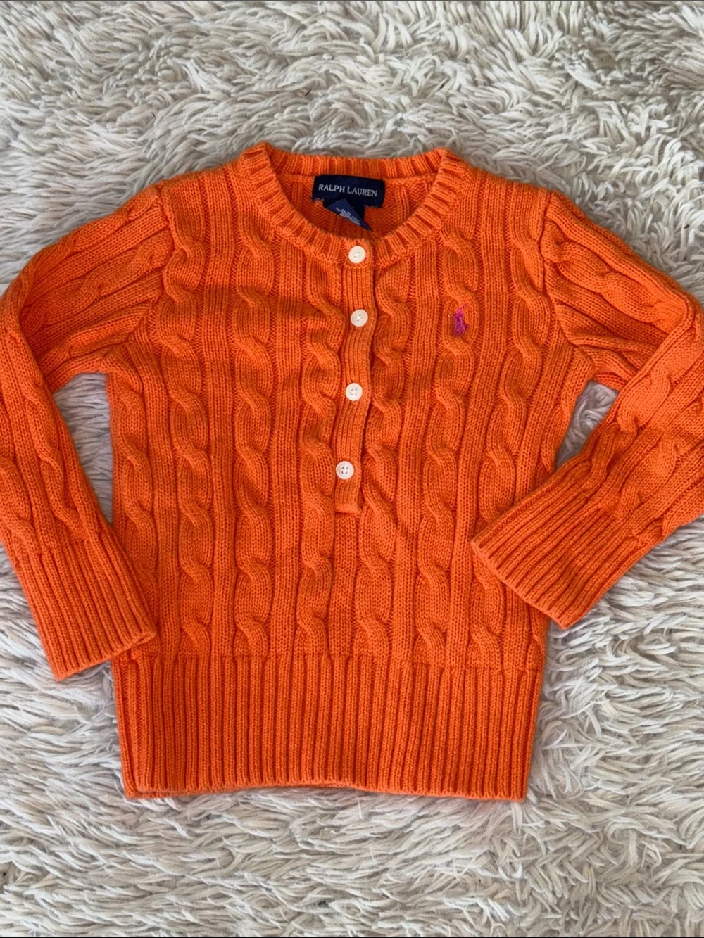 🐎 Ralph Lauren Bright Orange Cable-Knit Button Pullover 2/2T